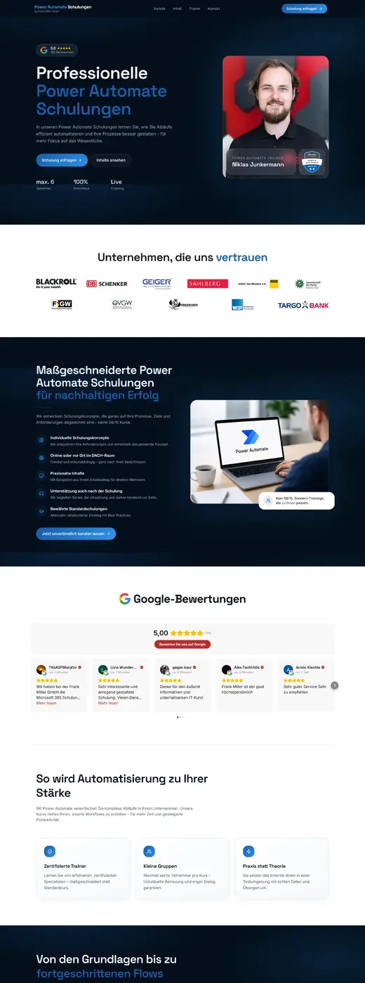 Landingpage Power Automate Schulungen – Desktop Ansicht