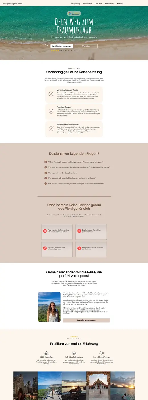 Landingpage Reiseplanung mit Denise – Desktop Ansicht
